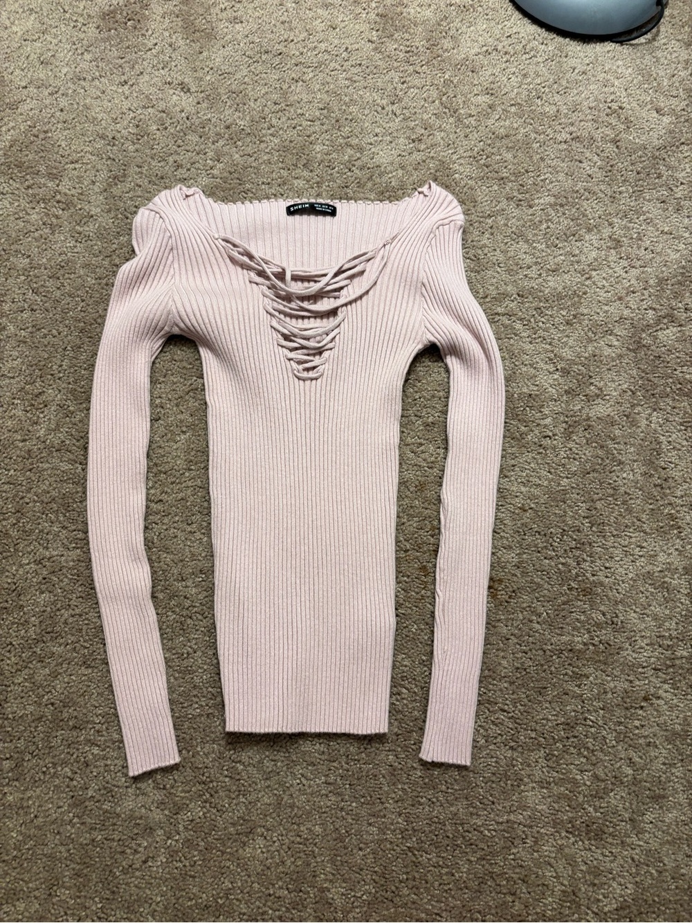 SHEIN Light Pink Ribbed Lace-Up V-Neck Sweater